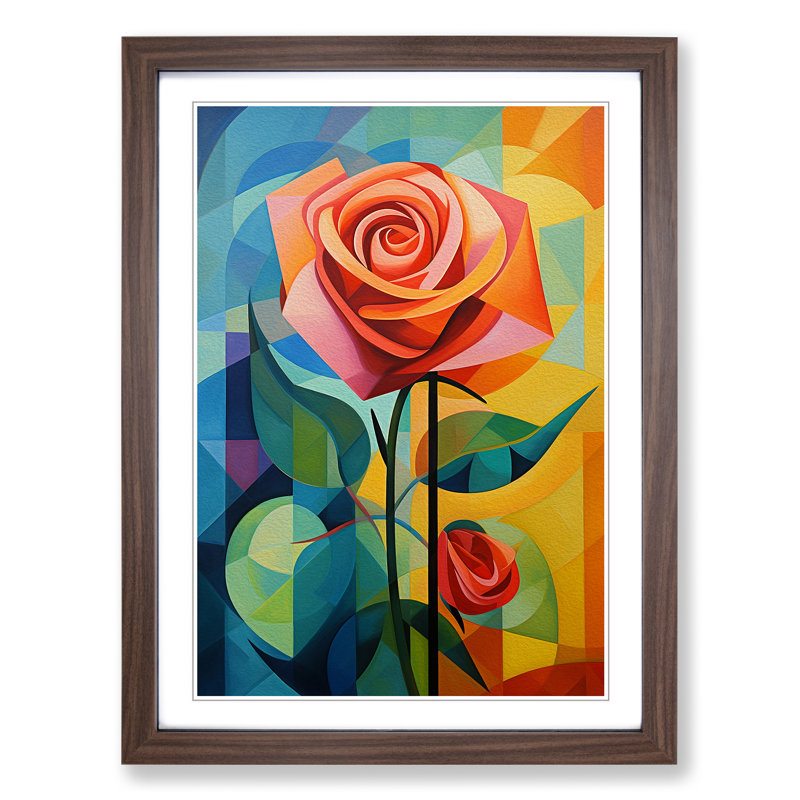 Rose Cubism - Single Picture Frame Print on Wood, Walnut, 64cm H x 46cm W x 2cm D