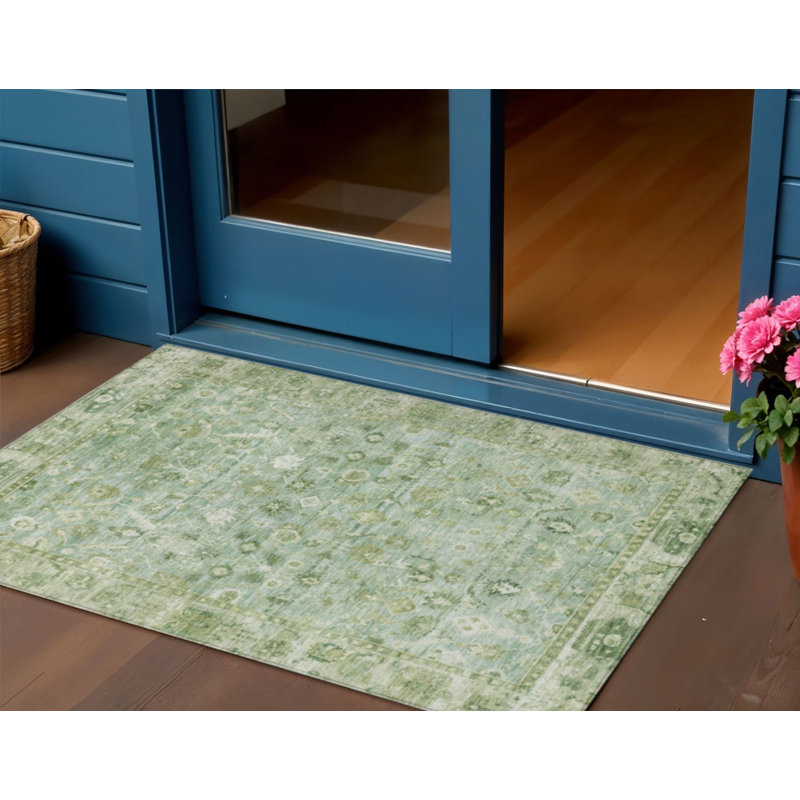 Tapis oriental lavable d'intérieur/extérieur, 90 x 150 cm, vert artichaut, ivoire et beige