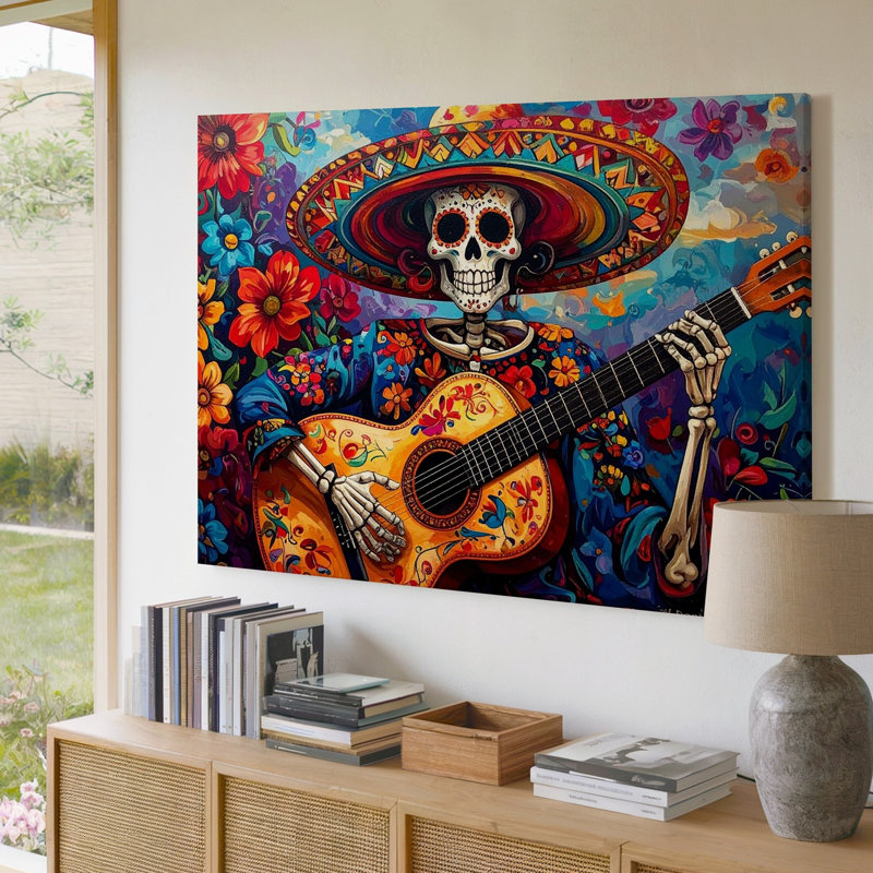 "Wall of Day of the Dead Celebration", toile murale squelette avec guitare, H 9 po x l 12 po