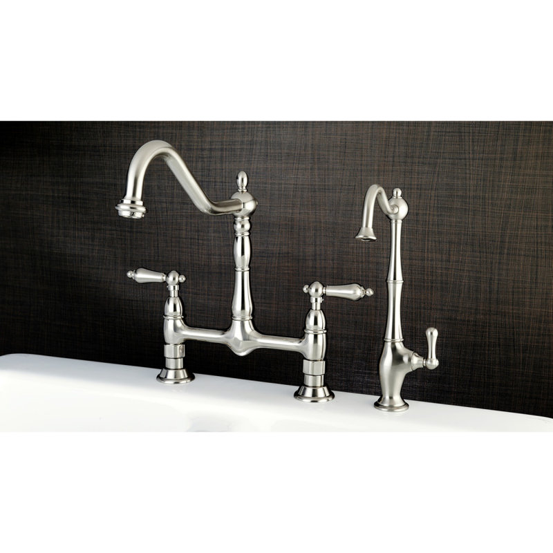 Kingston Brass Heritage Two-Handle 2-Hole Deck Mount Bridge Kitchen Faucet, Brushed Nickel