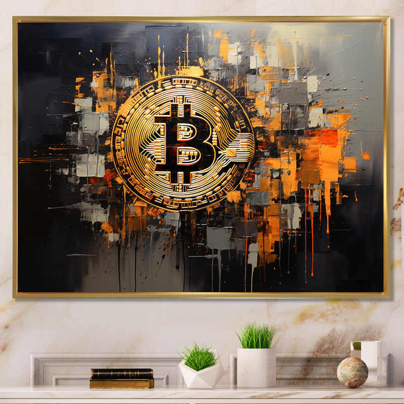 Or et gris - Crypto monnaie - art mural mode, Cadre flottant doré, H 12 po x l 20 po x P 1 po