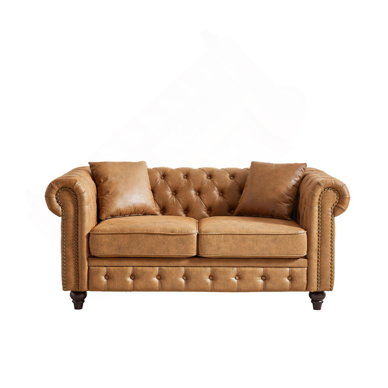 63.5" Contemporary Design Chesterfield Sofa, Tech Fabric Button Design Living Room Sectional, Button Tufted With Nail Design Arms With 2 Pillows, Upholstered Upholstery And Wooden Legs