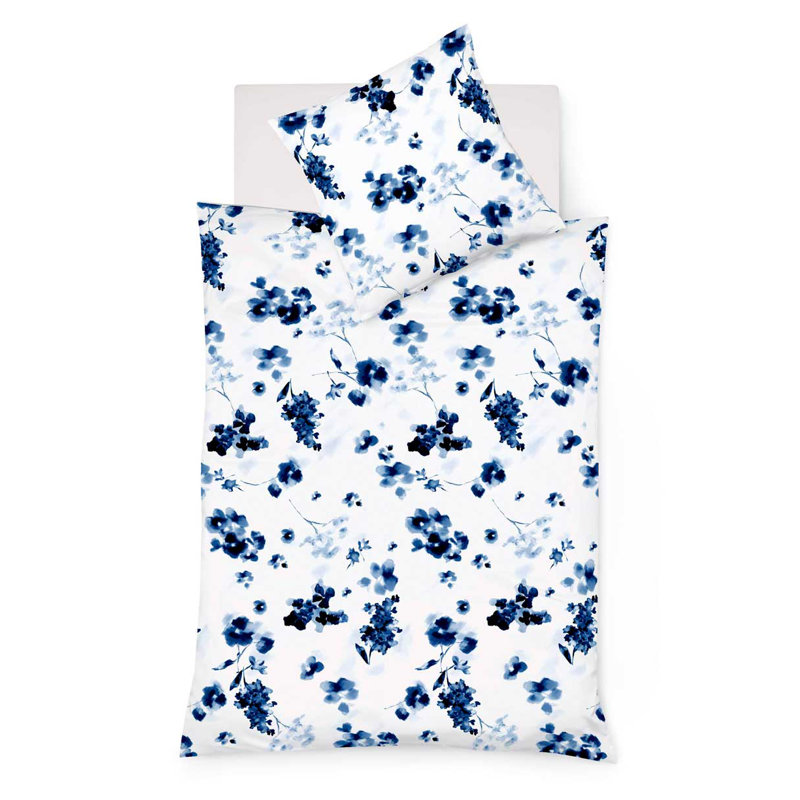 Leinen Cassis Satin Reversible Duvet Cover Set, White/Blue/Navy Blue, 155 x 220cm Duvet Cover + 1 Pillowcase