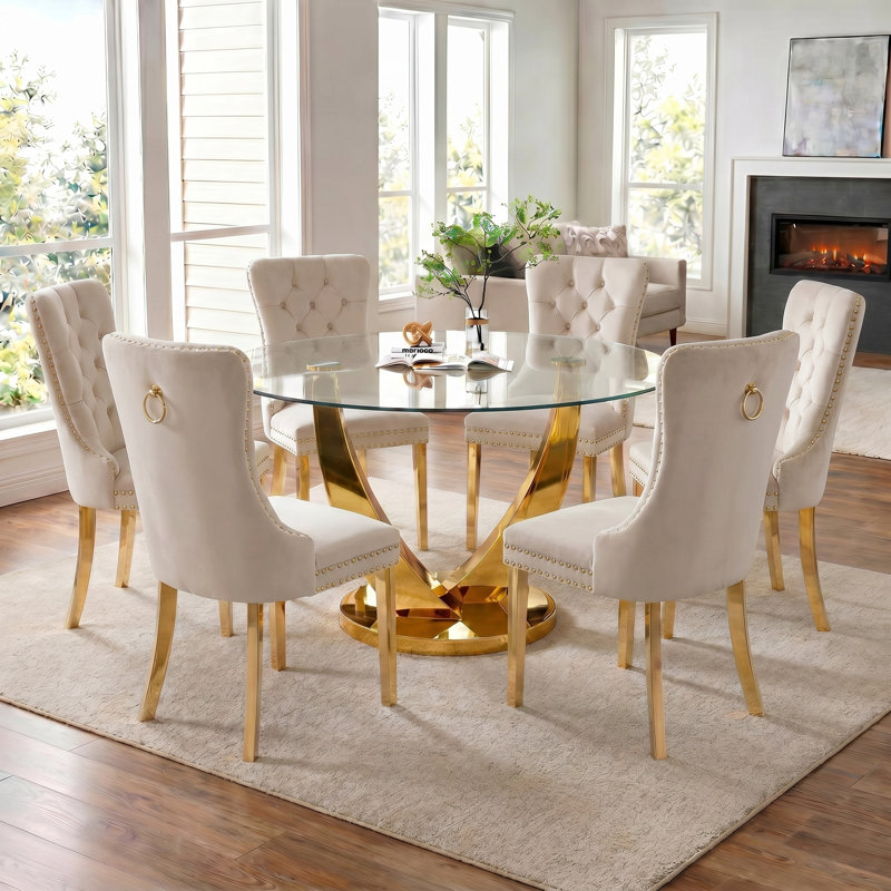47.2" Round Glass Dining Table Set, Modern Tempered Glass Kitchen Table with 6 Velvet Upholstered Chairs, Gold/White
