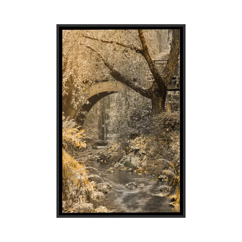 «Coulant sous le pont» par Don Schwartz - reproduction, H 26 po x l 18 po x P 1,5 po, Toile avec cadre noir, Pas de tapis