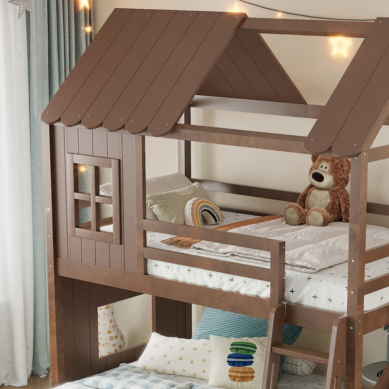 Lit superposé simple au-dessus de la maison double avec échelles, glissade, tablettes de rangement et garde-robe, lit pour enfant Playhouse, naturel profond