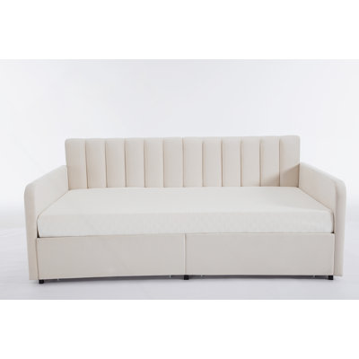 Flora Upholstered Daybed with 2 Drawers, Twin, Ivory Velvet, Ribbed Tufted Backrest by Latitude Run