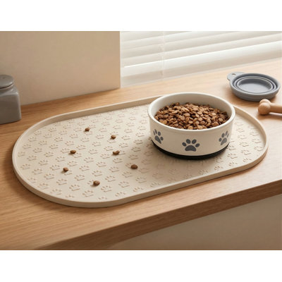 Non-Slip Beige Silicone Dog Placemat, Waterproof Bowl Mat with High Raised Lip Prevents Overflow, Easy-Clean Dish Tray for Large/Medium/Small Pets