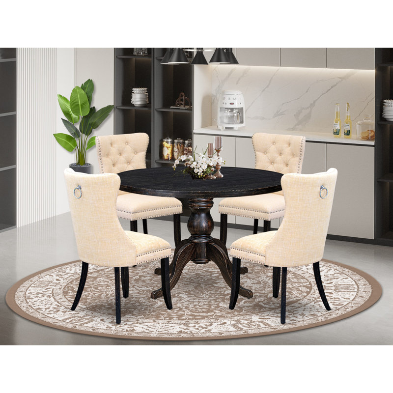 L'ensemble de salle à manger 5 pièces se compose d'une table en bois et de 4 chaises de salle à manger en tissu de lin beige clair avec dossier capitonné - Noir sablé