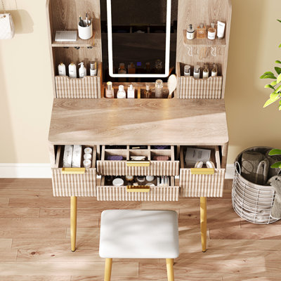 Bureau de coiffeuse cannelé avec 4 tiroirs, miroir à DEL et compartiments à bijoux, table de maquillage jaune et brune, tiroirs coulissants et pratiques, rangement pratique, crochets emmêlés, compartiments rembourrés