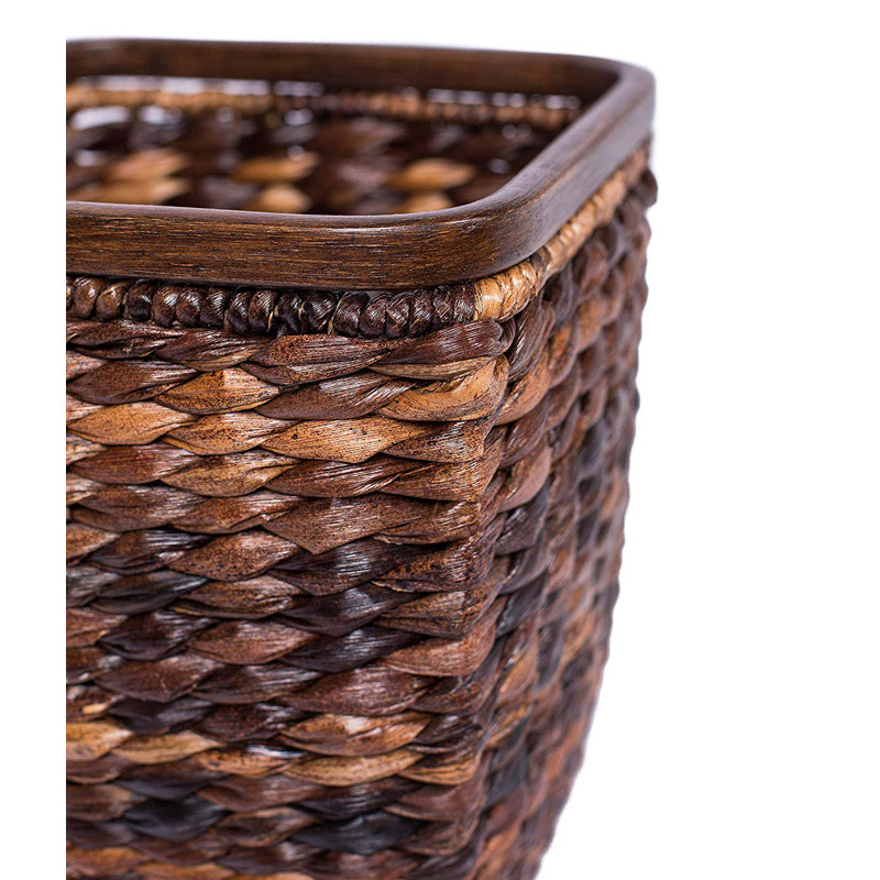 Espresso Seagrass Woven Office Wastebasket with Wooden Base