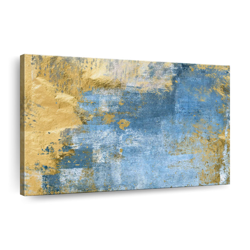 Abstrait doré et bleu sur toile, H 8 po x l 12 po x P 1 po
