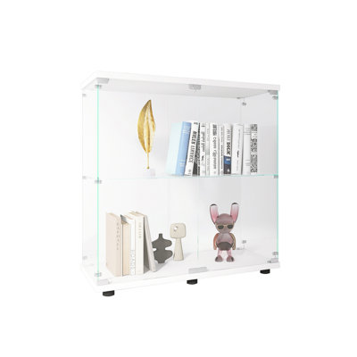 Vitrine en verre 2 couches avec 2 portes, vitrines, comptoir vitrine vitrée avec serrure, verre trempé avec base en panneau de fibres à densité moyenne