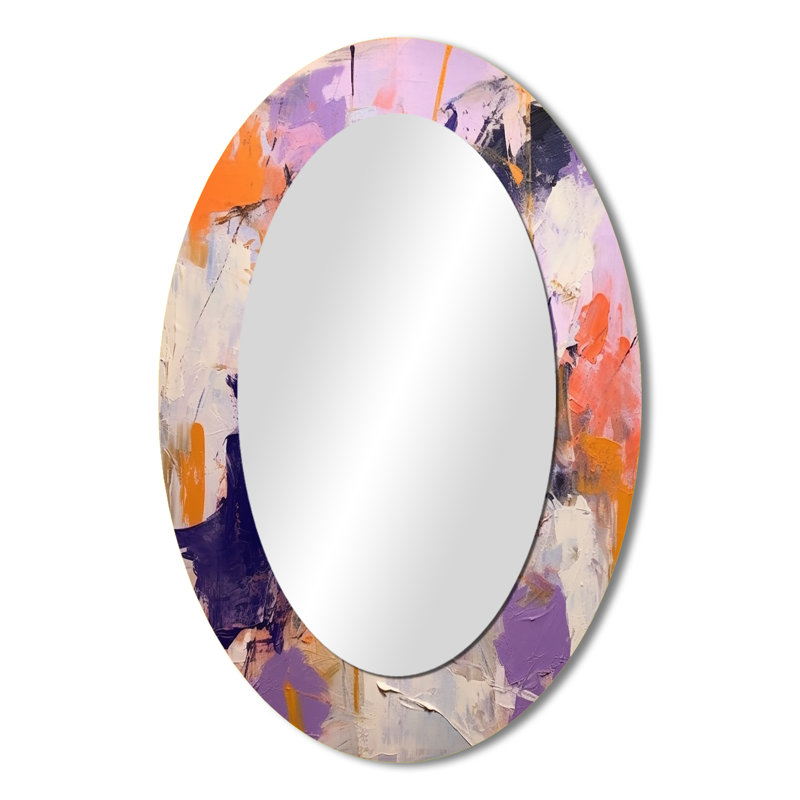 Poetic Expressionism In Purple And Orange I - Abstract Oval Decorative Mirror On Metal, 36" x 24"
