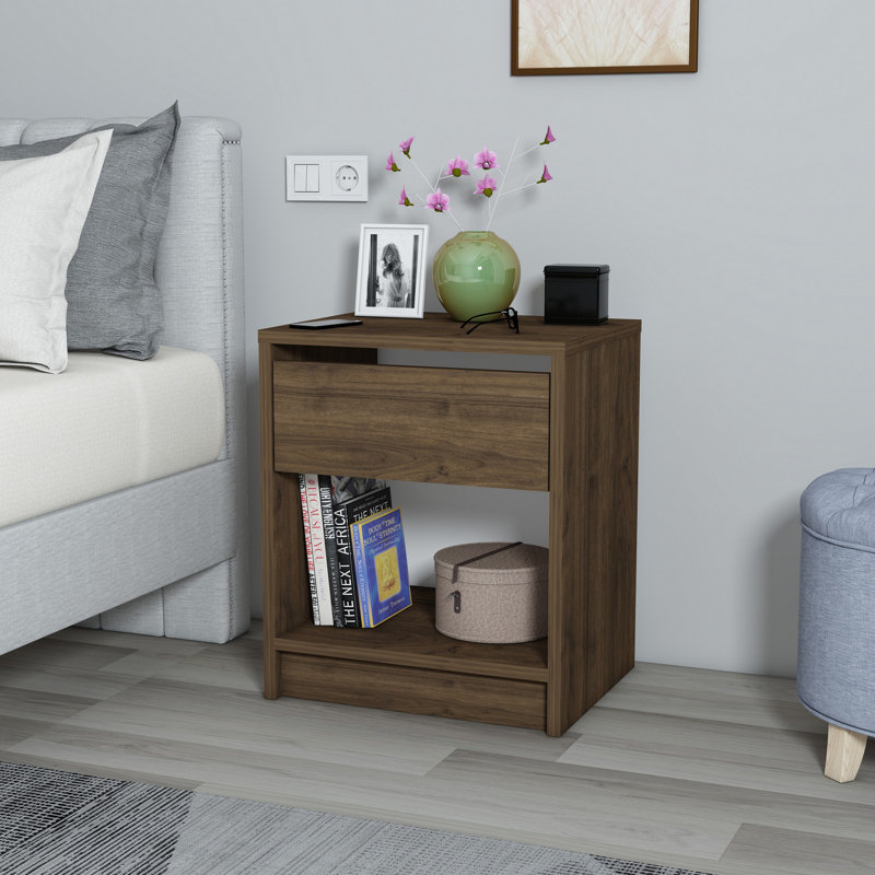 Stylish Nightstand with Wall-Mount Option, Walnut Finish, 17.6 x 20.8 x 14.1 inches | 100% Chipboard Construction, Space-Saving Design | Ideal for Modern Bedrooms, Elegant & Functional Storage Solution