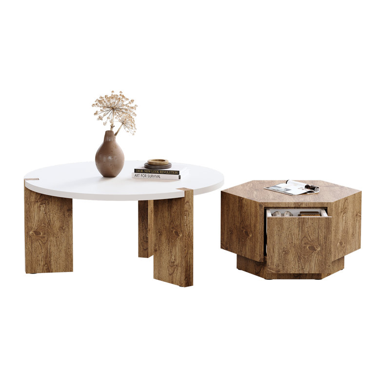 Modern 2 Piece Round Nesting Coffee Table Set With Drawer