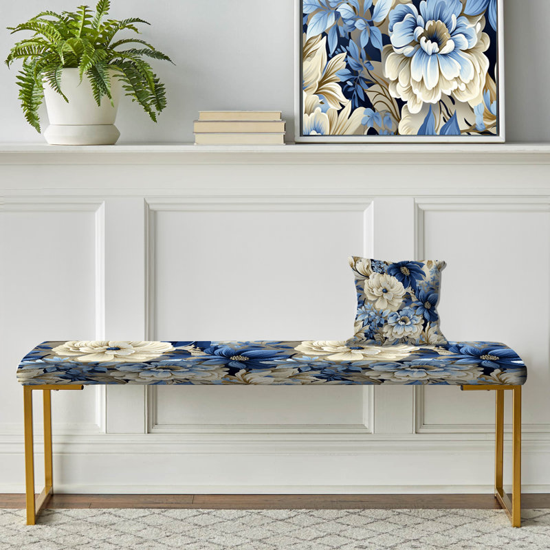 Coastal Blues White Flowers Blooms - Floral Upholstered Gold Bench