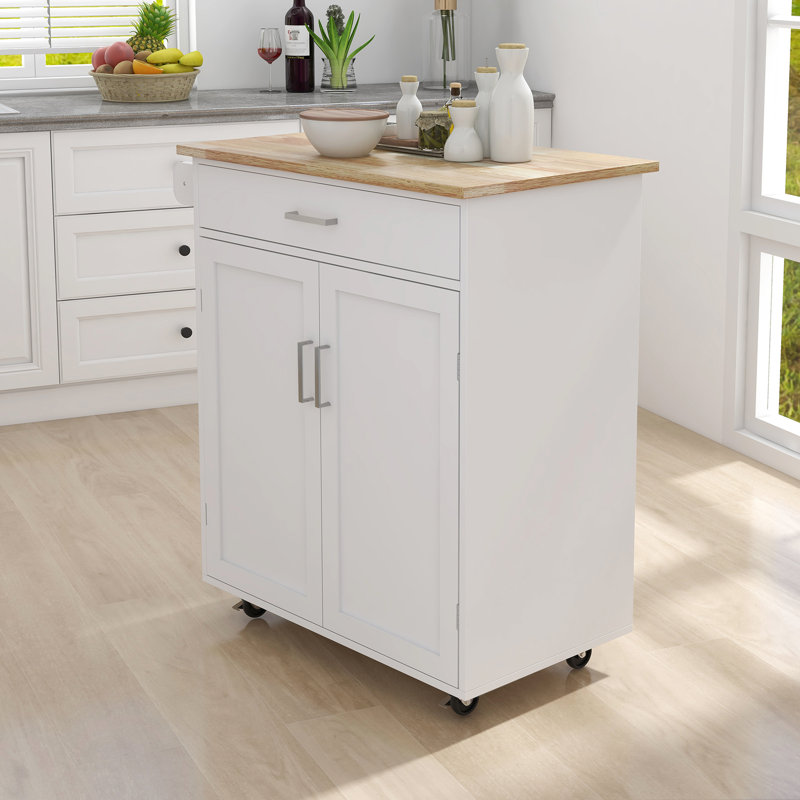 Kitchen Island With Adjustable Shelves, Drawer, Towel Rack & Stable Construction White Lockable , Double Doors, Solid Rubber Wood Top
