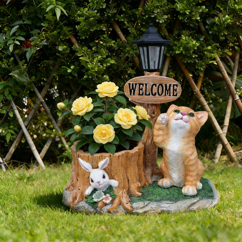 Jardinières lumineuses solaires, statue de chat rustique en résine, décoration de jardin