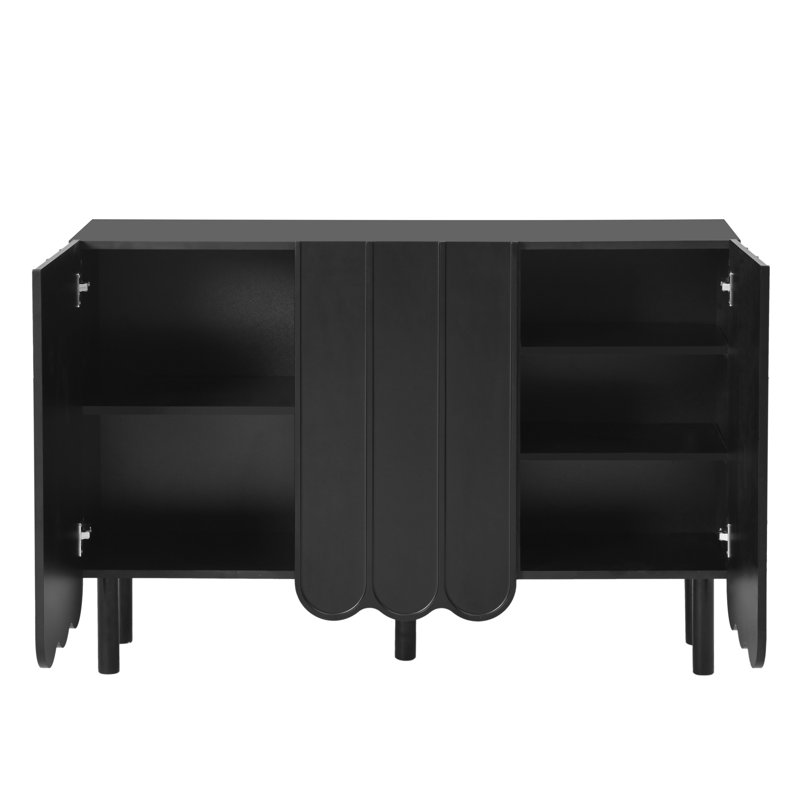 Annamaria Black Living Room Storage Cabinet With Adjustable Shelves, Unique Wave Door Design Stylish Sideboard Compartments, Stable For Space