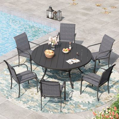 Ensemble de salle à manger de patio 6 personnes avec chaises empilables PVC-coated polyester