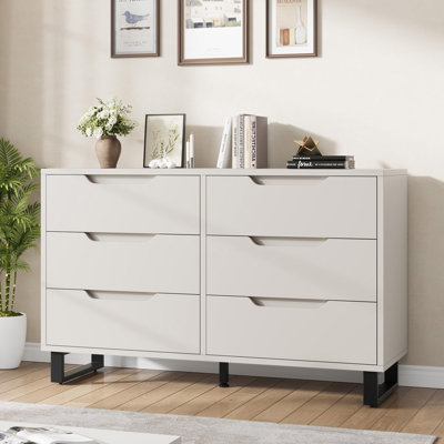 Commode de rangement industrielle à 6 tiroirs avec pattes en métal à finition blanche pour chambre à coucher, salon, couloir, entrée, rangement à la maison