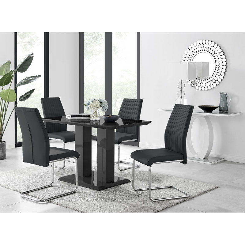 Edzard Double Pedestal High Gloss Dining Table Set with 4 Luxury Faux Leather Dining Chairs, Black, Black