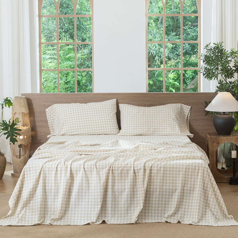 Ensemble de draps 100% coton lavé MooMee, Lait d'amande, gris, Ensemble de draps pour très grand lit avec 2 taie