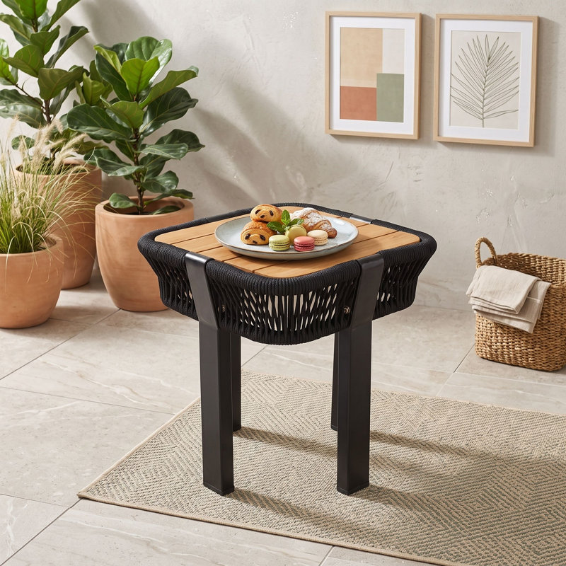 Table de bout d'extérieur pour patio avec corde et structure en métal, Teck noir