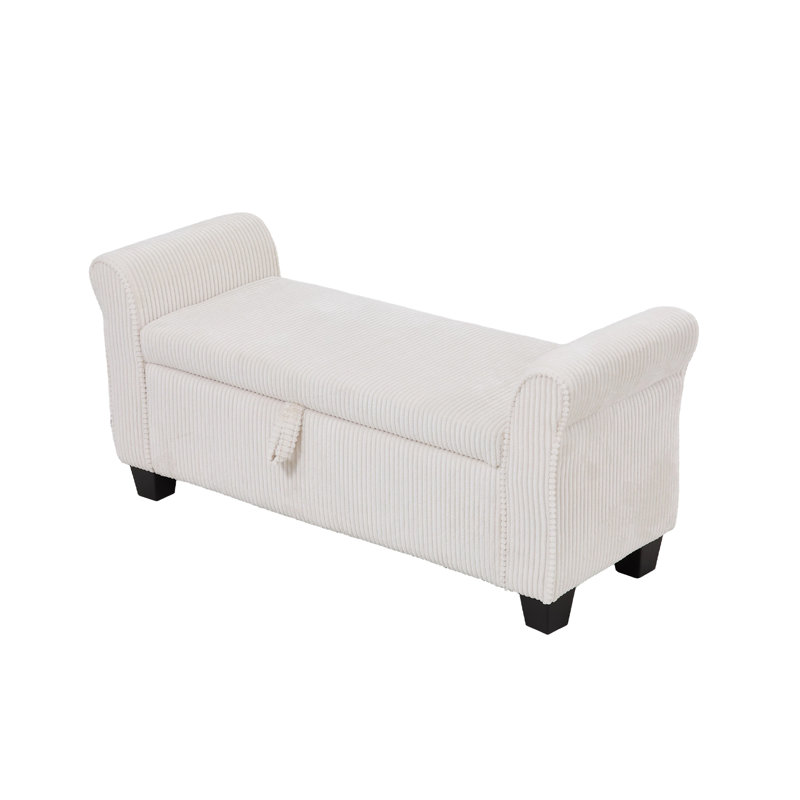 Corduroy Upholstered Bench with Flip Top, White, White