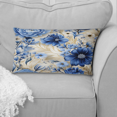 Enchanted Blue And White Peonies Pattern III - Floral Printed Throw Pillow