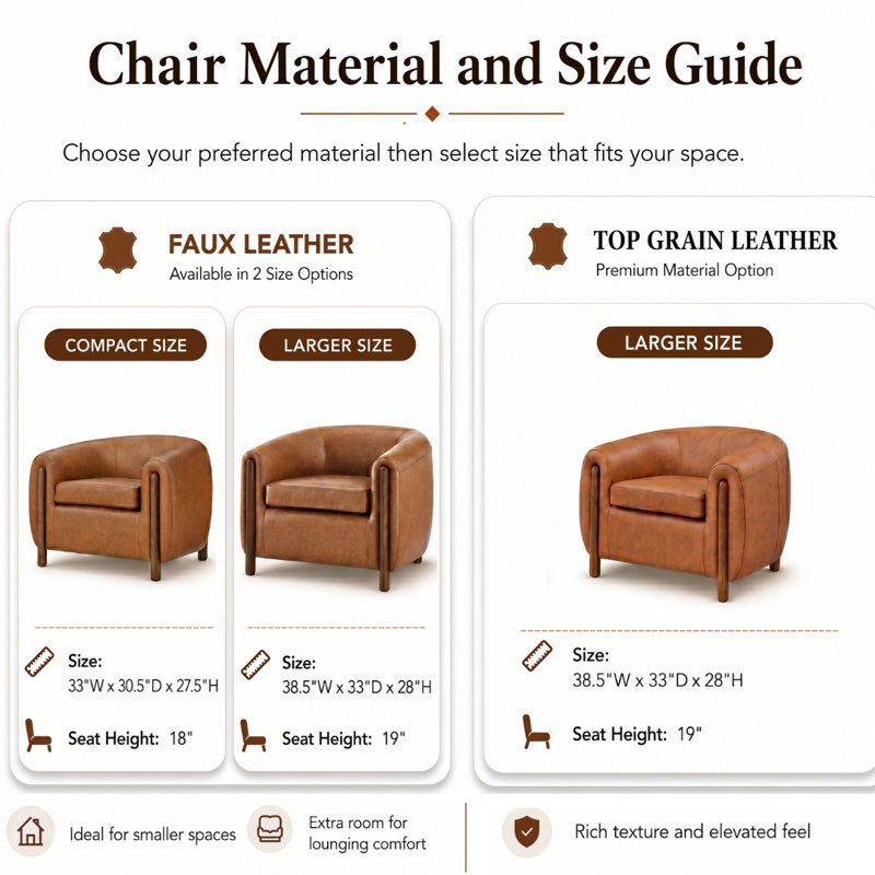 Leamon Fire-Resistant Upholstered Barrel Chair, 27.5" H x 33" W x 30.5" D, Jacob Brown Top Grain Leather