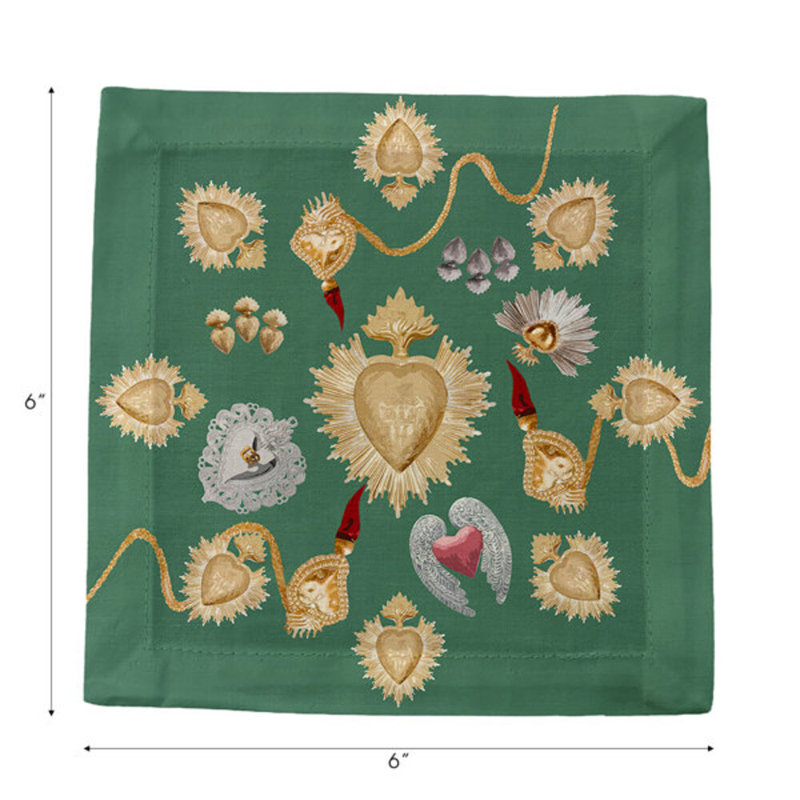 Ex Vote Sacred Hearts Cotton Sateen Cocktail Napkins, Evergreen