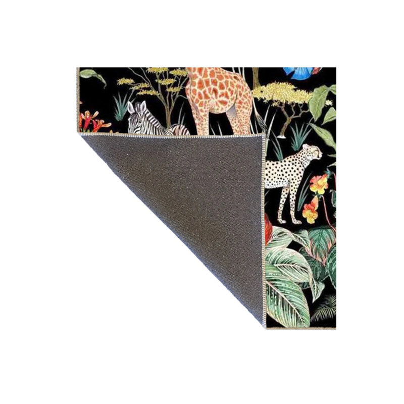 Black Themed Multicolored Tree Giraffe And Monkey Patterned Modern Decorative Carpet, Rectangle 3'4" x 6'7"