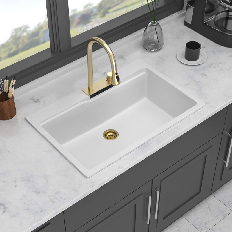 33x22" Composite Granite Quartz Single Bowl Workstation kitchen sink with Pull-Out Faucet - Drop In Waterfall Kitchen Sink