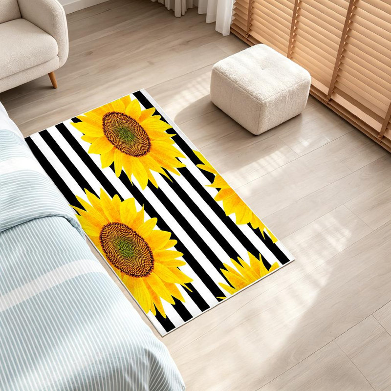 Tapis rayé noir et blanc à motif de tournesol sans couture lavable à la machine