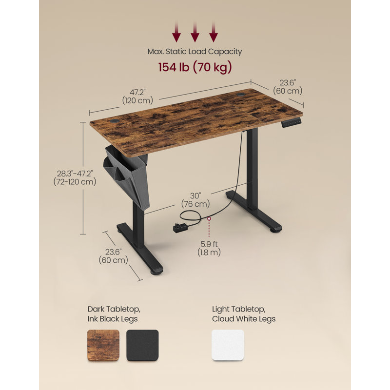 Height Adjustable Rectangle Standing Desk, 120 H x 120 W x 60 D cm, Brown/Black