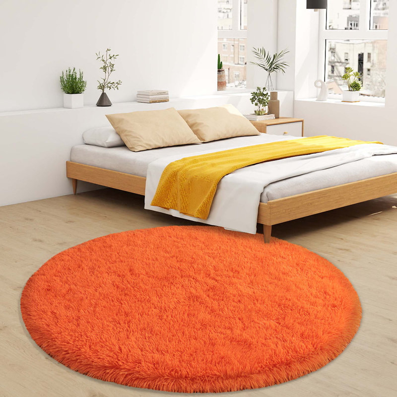 Orange Round Shag Rug Non-Slip Long-Pile Round Rug 5 ft Silk-Blend Rug Round Shag Rug Perfect for Teen Rooms Ideal for Bedrooms Great for Living Rooms Antibacterial Durable Material