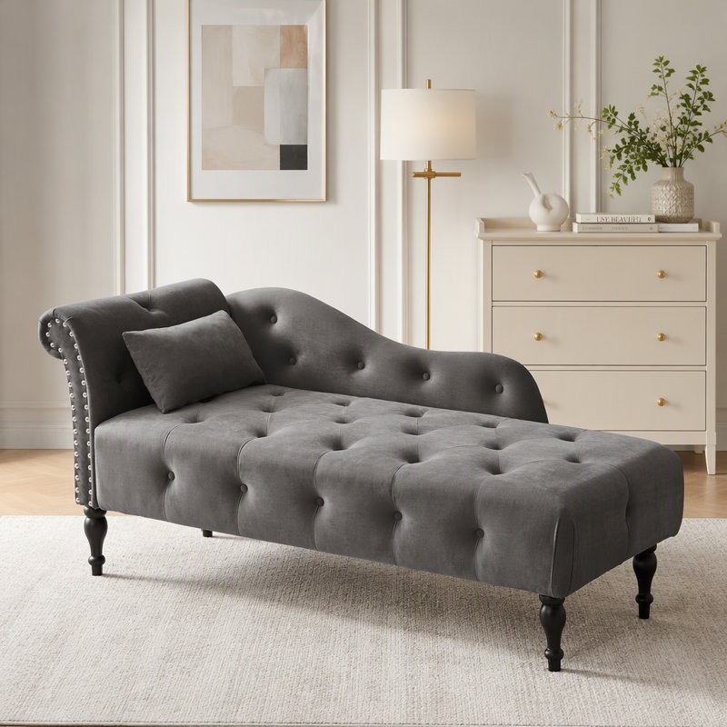Moderne 60,6 po boutons de velours capitonnés garnis de têtes de lit en bois massif avec 1 coussin (conception avec accoudoir à gauche)