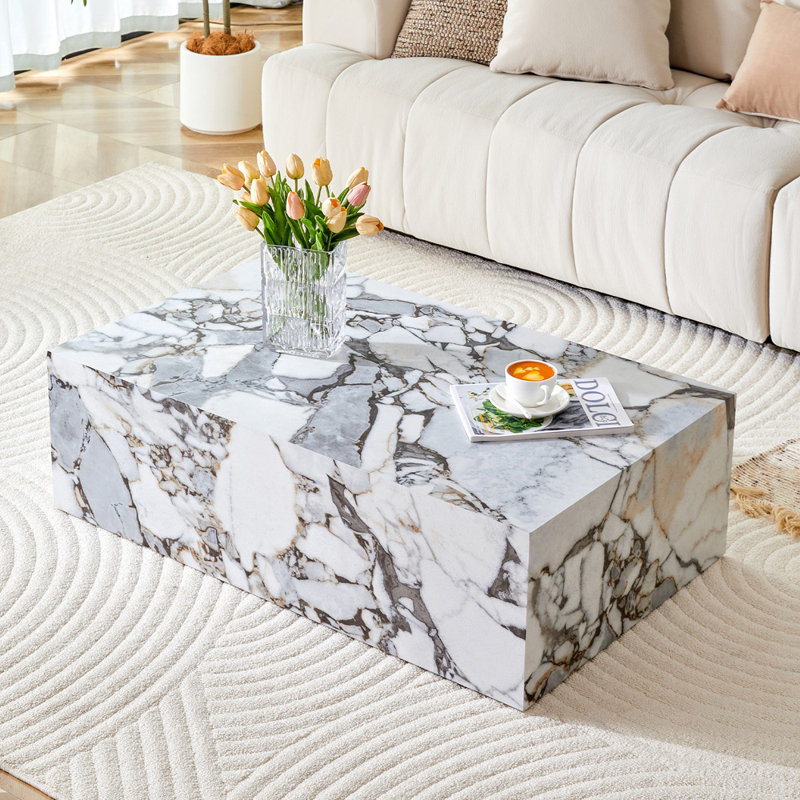 Rectangular Coffee Table, 39.3" Width, Marble Pattern White
