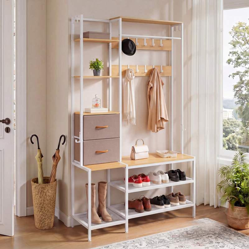 120 cm W Hall Tree with Storage Bench and Shoe Storage, Beige