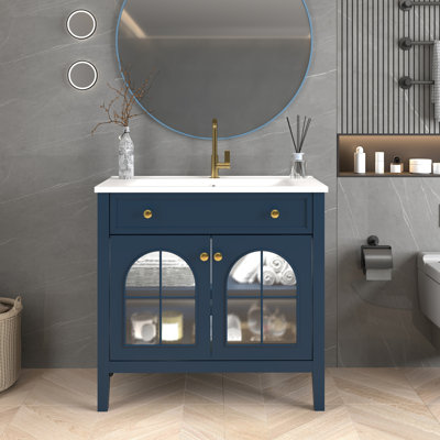 35.6" Mid-Century Bathroom Vanity Sink With Patterned Glass & Motion-Sensor Light Strip, Farmhouse Freestanding Bathroom Vanity Sink With Storage, High-End Restroom Vanity Cabinet,Blue