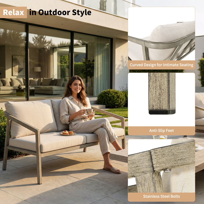 Gray Oak Aluminum Outdoor Patio Loveseat with Cushions, Beige, Gray Oak