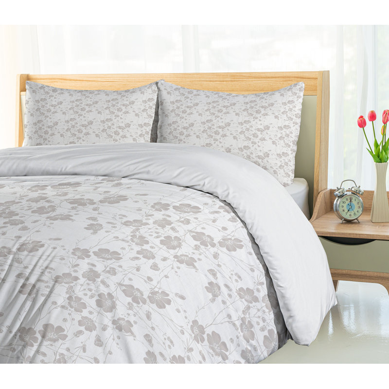 Pale Grey Floral Queen Duvet Cover Set with Pillow Shams