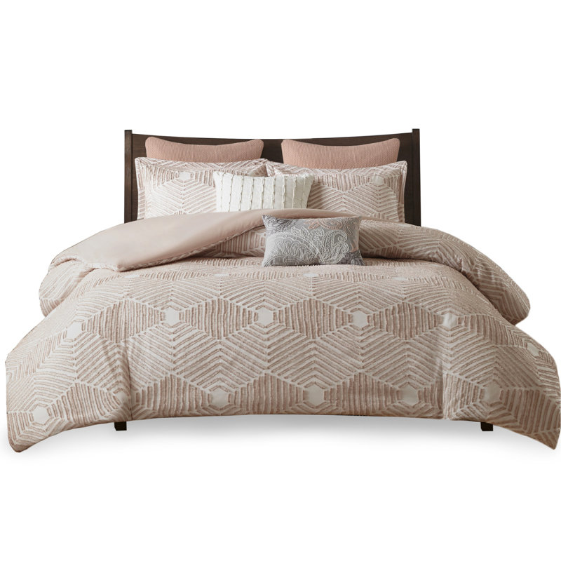 Housse de couette en coton Blush pour lit double / grand, motif géométrique, 2 taies décoratives incluses, Rose