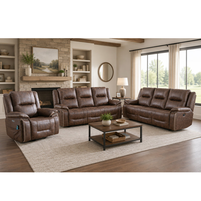 Ensemble de salon inclinable 3 pièces avec fauteuil de massage Power Lift, appui-tête réglable, 3 Pieces: 2 Sofas, Chair