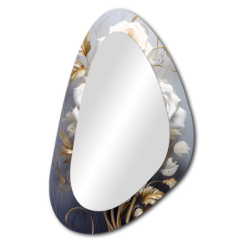 Joanie White Rose Golden Leaves On Grey I - Roses Unique Shape Large Mirror, Modern