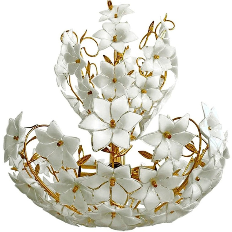 Murano Monumental Modernist Flower Glass Gilt Chandelier, Bronze, Clear, 17" Diameter x 29" Height