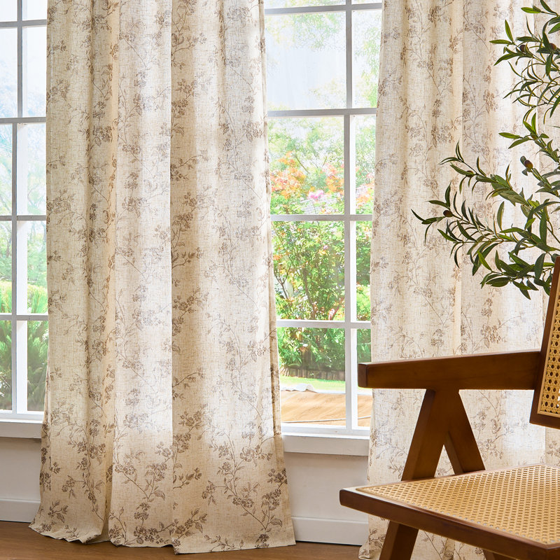 Paire de rideaux semi-transparents en mélange de lin à imprimé floral avec passe-tringle, Taupe, L 50 po x L 96 po