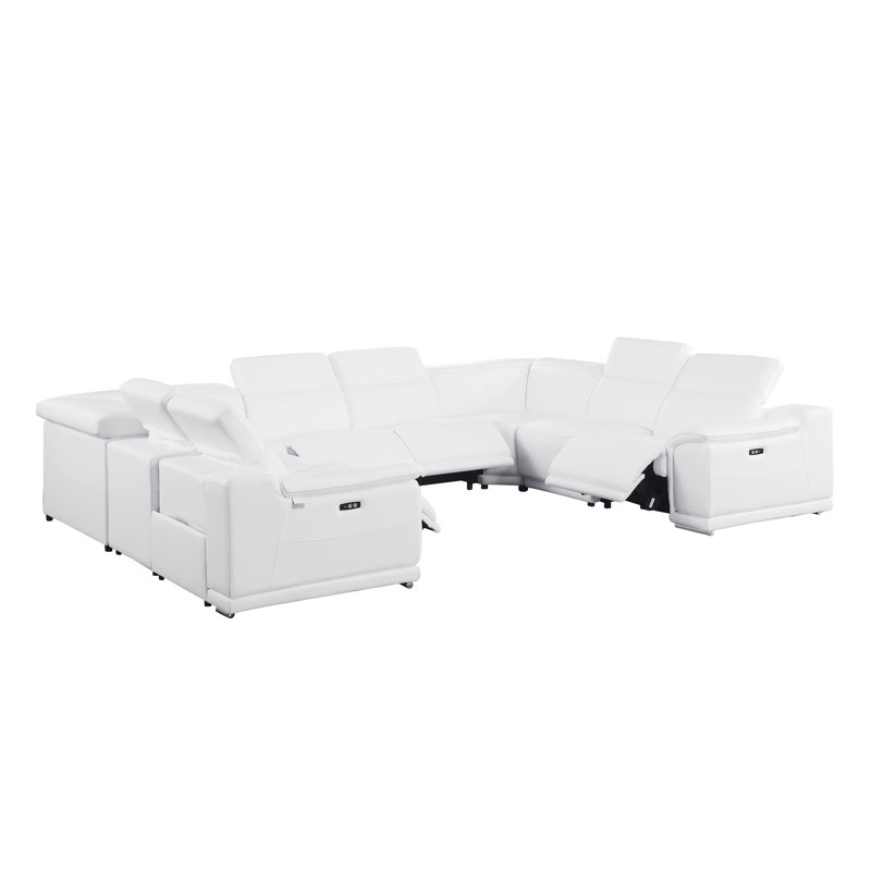 Lily 8 Piece 4 Power Top Grain Italian Leather Sectional, White Genuine Leather